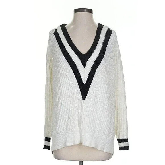Rag & Bone Talia V-Neck Sweater White Black Trim Cotton Size Small Runway Style - Picture 2 of 10